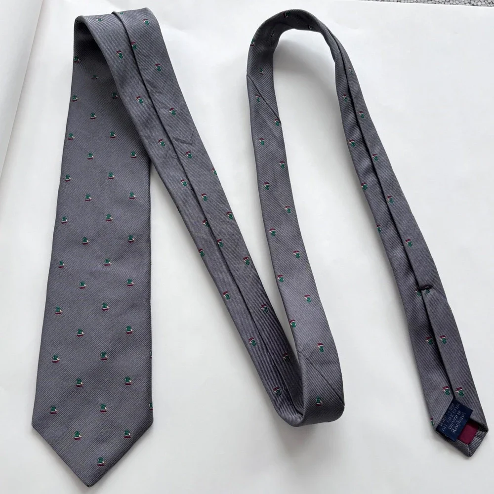 Lands End Silk Tie Gray Mallard Duck All Over Pattern Woven In England Jacquard